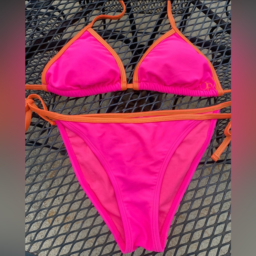 OP Ocean Pacific Bikini Triangle Top & Side Tie Bottoms Hot Pink & Orange Sz M/L
